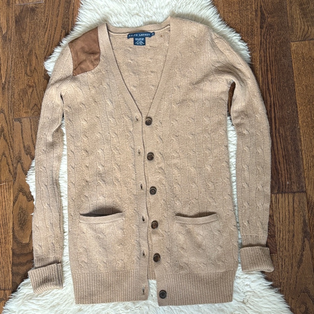 Ralph Lauren Beige/Tan Cable-Knit Cardigan with Suede Elbow Patch